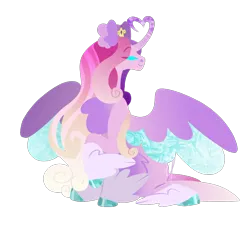 Size: 1122x1045 | Tagged: safe, artist:ikanahairitto, derpibooru import, princess cadance, alicorn, pony, alternate design, colored wings, curved horn, eyes closed, feathered fetlocks, heart horn, heart shaped, horn, image, multicolored wings, png, simple background, sitting, solo, transparent background, wings