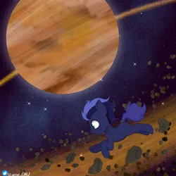 Size: 3000x3000 | Tagged: safe, artist:juniverse, derpibooru import, oc, oc:dreamsweet, earth pony, pony, colored, commission, facts, floating, foal, gas planet, image, jewelry, planet, png, ring, rock, saturn, space, stars, surprised