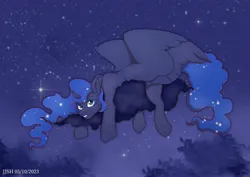 Size: 2560x1810 | Tagged: safe, artist:jjsh, derpibooru import, princess luna, alicorn, pony, blue eyes, blue mane, cloud, cute, female, fog, high res, horn, image, jpeg, looking at you, lying down, lying on a cloud, mare, night, on a cloud, sky, smiling, smiling at you, solo, spread wings, stars, tail, teeth, tree, wings