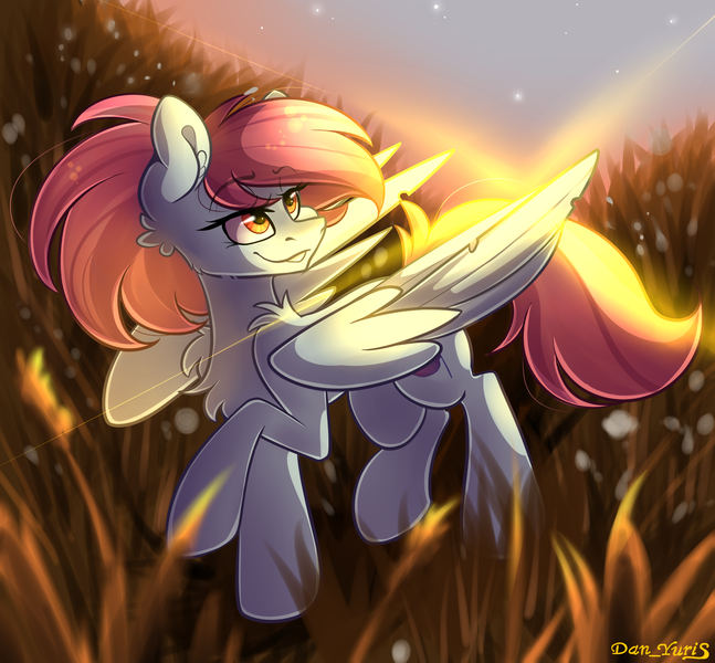 Size: 1856x1721 | Tagged: safe, artist:yuris, derpibooru import, oc, oc:rainven wep, pegasus, pony, dawn, field, grass, image, looking back, png, smiling, solo, trade