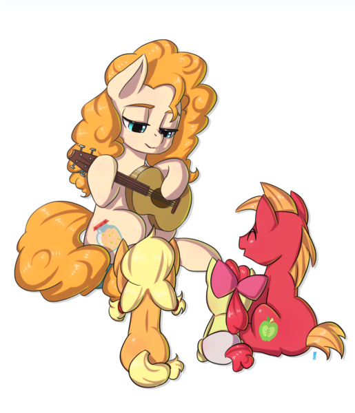 Size: 2416x2817 | Tagged: safe, artist:mrs1989, derpibooru import, apple bloom, applejack, big macintosh, granny smith, pear butter, earth pony, pony, apple family, baby, baby apple bloom, bow, colt, colt big macintosh, diaper, female, filly, filly applejack, foal, g4, guitar, hair bow, image, male, mare, musical instrument, pigtails, png, simple background, smiling, transparent background, twintails, younger