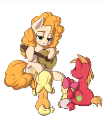 Size: 2416x2817 | Tagged: safe, artist:mrs1989, derpibooru import, apple bloom, applejack, big macintosh, granny smith, pear butter, earth pony, pony, apple family, baby, baby apple bloom, bow, colt, colt big macintosh, diaper, female, filly, filly applejack, foal, g4, guitar, hair bow, image, male, mare, musical instrument, pigtails, png, simple background, smiling, transparent background, twintails, younger