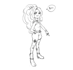 Size: 2424x2339 | Tagged: safe, artist:mrs1989, derpibooru import, adagio dazzle, equestria girls, boots, clothes, dialogue, female, full body, g4, gem, high heel boots, image, jpeg, korean, looking at you, monochrome, moon runes, pointing down, shoes, simple background, siren gem, sketch, smiling, smirk, speech bubble, talking to viewer, white background