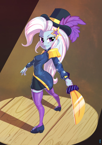 Size: 1500x2122 | Tagged: safe, artist:mrs1989, derpibooru import, trixie, equestria girls, equestria girls series, street magic with trixie, spoiler:eqg series (season 2), clothes, costume, epaulettes, equestria girls outfit, female, g4, hat, image, jpeg, skirt, smiling, socks, solo, spotlight, sword, thigh highs, top hat, weapon, zettai ryouiki