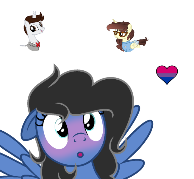 Size: 1095x1008 | Tagged: safe, artist:darbypop1, derpibooru import, oc, oc:darby, oc:sanaa, ponified, pegasus, pony, blushing, female, image, mare, pee-wee herman, png, pride flag, simple background, thought bubble, transparent background