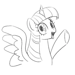 Size: 500x500 | Tagged: safe, artist:mrs1989, derpibooru import, twilight sparkle, twilight sparkle (alicorn), alicorn, pony, bust, female, g4, image, jpeg, looking at you, mare, monochrome, open mouth, open smile, simple background, sketch, smiling, solo, waving, waving at you, white background
