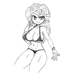 Size: 1000x1000 | Tagged: suggestive, artist:mrs1989, derpibooru import, sunset shimmer, equestria girls, belly button, big breasts, bikini, breasts, clothes, female, g4, image, jpeg, monochrome, simple background, sketch, smiling, swimsuit, white background