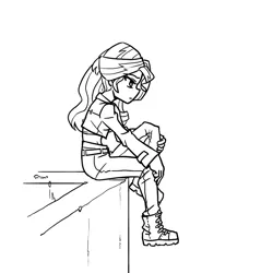 Size: 800x800 | Tagged: safe, artist:mrs1989, derpibooru import, sunset shimmer, equestria girls, boots, clothes, female, g4, image, jpeg, monochrome, shoes, simple background, sitting, sketch, solo, white background