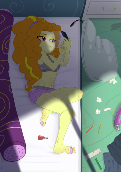 Size: 2480x3508 | Tagged: questionable, artist:mrs1989, derpibooru import, adagio dazzle, equestria girls, bed, clothes, dildo, female, g4, image, jpeg, laying on bed, lying down, messy, nail polish, on bed, panties, pencils, phone, pillow, sex toy, shorts, solo, sports bra, tissue, underwear, usb