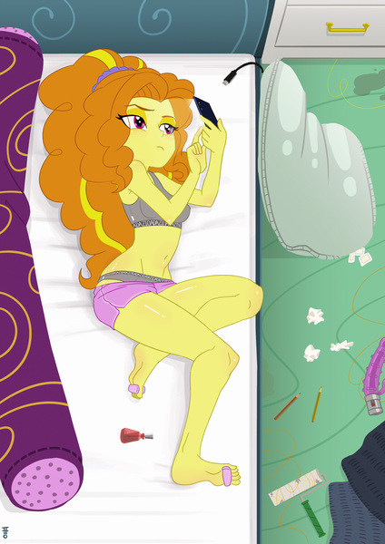 Size: 2480x3508 | Tagged: questionable, alternate version, artist:mrs1989, derpibooru import, adagio dazzle, human, equestria girls, bed, clothes, dildo, female, g4, image, jpeg, laying on bed, lying down, messy, nail polish, on bed, panties, pencils, phone, pillow, sex toy, shorts, solo, sports bra, tissue, underwear, usb