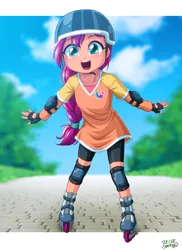 Size: 728x1000 | Tagged: safe, artist:uotapo, derpibooru import, sunny starscout, equestria girls, g5, braid, braided ponytail, clothes, cute, elbow pads, fingerless gloves, gloves, happy, image, jpeg, knee pads, ponytail, roller skates, shorts, skates, solo, sunnybetes, younger