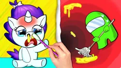 Size: 1280x720 | Tagged: safe, derpibooru import, rarity, human, pony, unicorn, abomination, among us, baby, baby pony, cotton swab, crying, cursed image, elsagate, female, hand, image, mare, mop, png, q-tip, snot, sweat, video game, youtube thumbnail