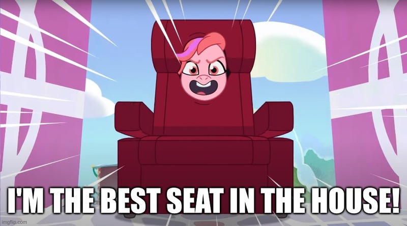 Size: 900x500 | Tagged: safe, derpibooru import, edit, edited screencap, screencap, g5, my little pony: tell your tale, caption, chair, chair costume, equestria's got talent, image, image macro, jpeg, solo, text, windy (g5), windy chair