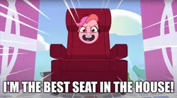 Size: 900x500 | Tagged: safe, derpibooru import, edit, edited screencap, screencap, g5, my little pony: tell your tale, caption, chair, chair costume, equestria's got talent, image, image macro, jpeg, solo, text, windy (g5), windy chair