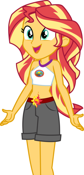 Size: 1280x2648 | Tagged: safe, alternate version, artist:cloudy glow, derpibooru import, edit, vector edit, sunset shimmer, human, equestria girls, legend of everfree, .ai available, belly button, camp everfree outfits, clothes, denim, denim shorts, embrace the magic, female, g4, happy, image, legs, long hair, midriff, open mouth, png, shorts, shoulderless, simple background, sleeveless, smiling, solo, standing, teenager, transparent background, turquoise eyes, two toned hair, vector, yellow skin