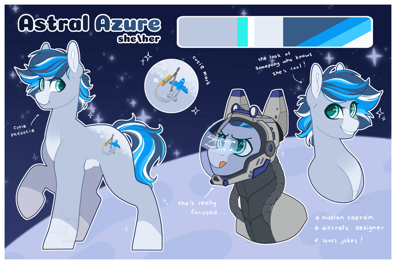 Size: 3000x2000 | Tagged: safe, artist:liefsong, derpibooru import, oc, oc:astral azure, unofficial characters only, earth pony, pony, fanfic:somnambulance, :p, astronaut, blaze (coat marking), blue mane, coat markings, color palette, cutie mark, expressions, facial markings, female, high res, hud, image, mare, moon, png, reference sheet, simple background, smiling, smirk, socks (coat marking), space, space helmet, spacesuit, teal eyes, tongue out
