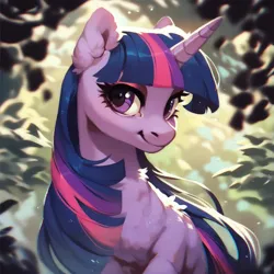 Size: 1024x1024 | Tagged: safe, ai content, derpibooru import, machine learning assisted, machine learning generated, stable diffusion, twilight sparkle, pony, unicorn, beautiful, big eyes, blue mane, cute, detailed background, ear fluff, eyeshadow, fluffy, forest, g4, generator:purplesmart.ai, image, jpeg, leaf, long hair, long mane, makeup, nature, prompter:saltyvity, purple eyes, smiley face, smiling, solo, tree