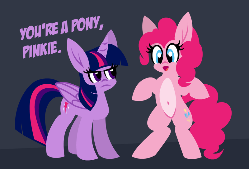 Size: 1100x750 | Tagged: safe, artist:tridashie, derpibooru import, pinkie pie, twilight sparkle, twilight sparkle (alicorn), alicorn, earth pony, pony, :o, belly button, bipedal, dialogue, female, g4, image, mare, open mouth, pale belly, png, simple background, text, unamused