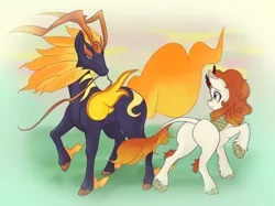 Size: 2916x2181 | Tagged: safe, artist:polnocnykot, derpibooru import, autumn blaze, kirin, crossover, cute, duo, duo female, facial hair, female, frog (hoof), g4, game, image, jpeg, looking at each other, looking at someone, looking back, meeting, moustache, palworld, pyrin, raised hoof, smiling, style emulation, underhoof, unshorn fetlocks, walking