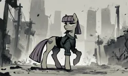 Size: 1597x958 | Tagged: safe, ai content, derpibooru import, machine learning generated, prompter:yuduz367, stable diffusion, maud pie, earth pony, pony, city, dark background, female, female focus, g4, generator:pony diffusion v6 xl, image, jpeg, ruins, sketch, solo, solo female, solo focus