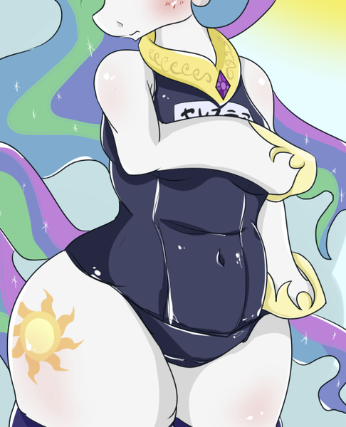 Size: 645x796 | Tagged: suggestive, artist:umejiru, derpibooru import, edit, princess celestia, alicorn, semi-anthro, arm hooves, belly, big belly, bloated, chubbylestia, clothes, cropped, fat, female, g4, image, not pregnant, pictures of bellies, plump, png, pudgy, request, school swimsuit, solo, solo female, swimsuit