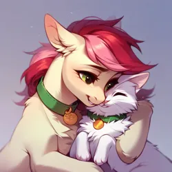 Size: 1024x1024 | Tagged: safe, ai content, derpibooru import, machine learning generated, prompter:doom9454, stable diffusion, roseluck, cat, pony, collar, cute, duo, fluffy, generator:purplesmart.ai, hug, image, pet tag, png, pony pet, rosepet