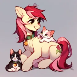 Size: 1024x1024 | Tagged: safe, ai content, derpibooru import, machine learning generated, prompter:doom9454, stable diffusion, roseluck, cat, pony, collar, cute, generator:purplesmart.ai, image, lying down, pet tag, png, pony pet, rosepet