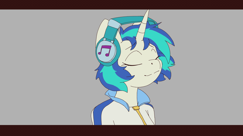 Size: 1920x1080 | Tagged: safe, artist:mateuslaureano, derpibooru import, vinyl scratch, anthro, pony, unicorn, animated, bust, clothes, eyes closed, female, gif, gray background, headbob, headphones, horn, image, loop, mare, missing accessory, no glasses, simple background, smiling, two toned mane, unicorn horn