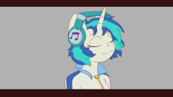 Size: 1920x1080 | Tagged: safe, artist:mateuslaureano, derpibooru import, vinyl scratch, anthro, pony, unicorn, animated, bust, clothes, eyes closed, female, gif, gray background, headbob, headphones, horn, image, loop, mare, missing accessory, no glasses, simple background, smiling, two toned mane, unicorn horn
