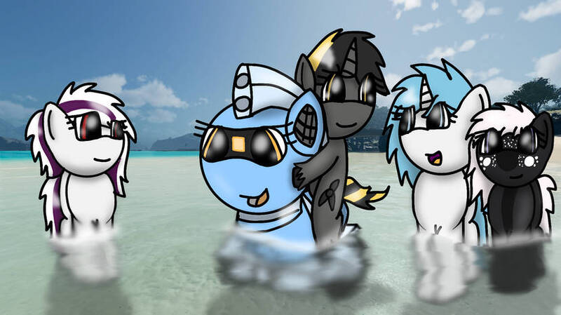 Size: 828x465 | Tagged: safe, artist:foxfer64_yt, derpibooru import, oc, oc:kaia mahoe, oc:nara (fl), oc:onyxstar (fl), oc:sakura (fl), oc:silverstream (legacy robot pony), unofficial characters only, alicorn, original species, pegasus, pony, robot, robot pony, beach, day, happy, image, jpeg, looking at each other, looking at someone, looking down, talking, water