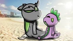 Size: 1192x670 | Tagged: safe, artist:foxfer64_yt, derpibooru import, spike, oc, oc:razor uniboop, unofficial characters only, changeling, dragon, original species, pony, beach, city, day, green changeling, honolulu, image, jpeg, looking at someone, looking up, sitting, smiling