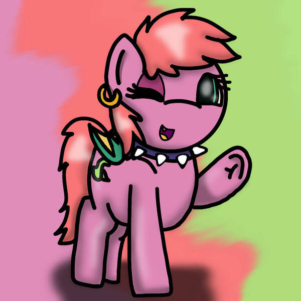 Size: 828x828 | Tagged: safe, artist:foxfer64_yt, derpibooru import, oc, unofficial characters only, bat pony, earth pony, original species, pony, art trade, choker, commission, image, jewelry, jpeg, looking at you, one eye closed, raised hoof, ring, simple background, spiked choker, wink, winking at you