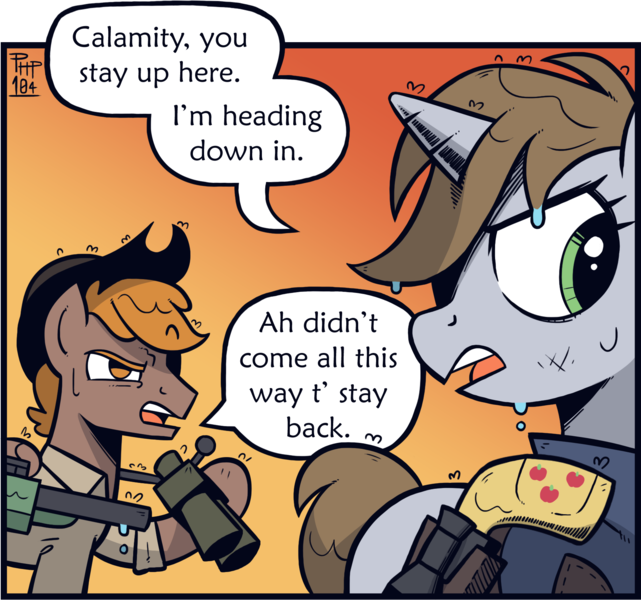 Size: 1718x1608 | Tagged: safe, artist:wandrevieira1994, derpibooru import, oc, oc:calamity, oc:littlepip, unofficial characters only, pegasus, pony, unicorn, fallout equestria, battle saddle, binoculars, gun, handgun, image, little macintosh, png, revolver, simple background, speech bubble, weapon