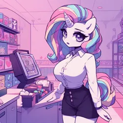 Size: 1024x1024 | Tagged: safe, ai content, derpibooru import, machine learning generated, part of a set, oc, unofficial characters only, anthro, unicorn, adorasexy, big breasts, breasts, busty oc, cash register, clothes, cute, female, horn, human to anthro, image, implied transformation, implied transgender transformation, looking at you, not rarity, open mouth, panty line, part of a series, png, prompter:horselover fat, sexy, shorts, solo, store, unicorn oc, white shirt
