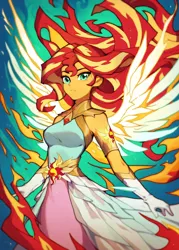 Size: 3840x5376 | Tagged: safe, ai content, derpibooru import, editor:sammykun, machine learning generated, stable diffusion, sunset shimmer, human, equestria girls, breasts, busty sunset shimmer, clothes, cutie mark, daydream shimmer, dress, fiery mane, fiery wings, fire, generator:purplesmart.ai, gloves, gold, high res, humanized, image, jpeg, long hair, looking at you, prompter:sammykun, reasonably sized breasts, request, requested art, serious, serious face, sweater, turtleneck, wings