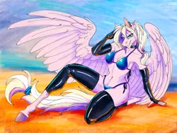 Size: 1600x1200 | Tagged: safe, artist:sunny way, derpibooru import, oc, oc:leaenala, unofficial characters only, anthro, pegasus, pony, art, artwork, beach, bikini, clothes, collar, digital art, female, image, ipad, latex, mare, png, present, smiling, solo, swimsuit, wings