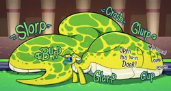 Size: 3000x1600 | Tagged: suggestive, artist:change, derpibooru import, oc, oc:lemon drop, unofficial characters only, hybrid, lamia, original species, pony, abdominal bulge, belly, big belly, blue insides, burp, dialogue, digestion, fangs, forked tongue, huge belly, image, impossibly large belly, lamiafied, micro pred, object vore, onomatopoeia, png, rapid digestion, species swap, stomach noise, tight bulge, tongue out, train station, train tracks, unwilling prey, uvula, vore, vulgar
