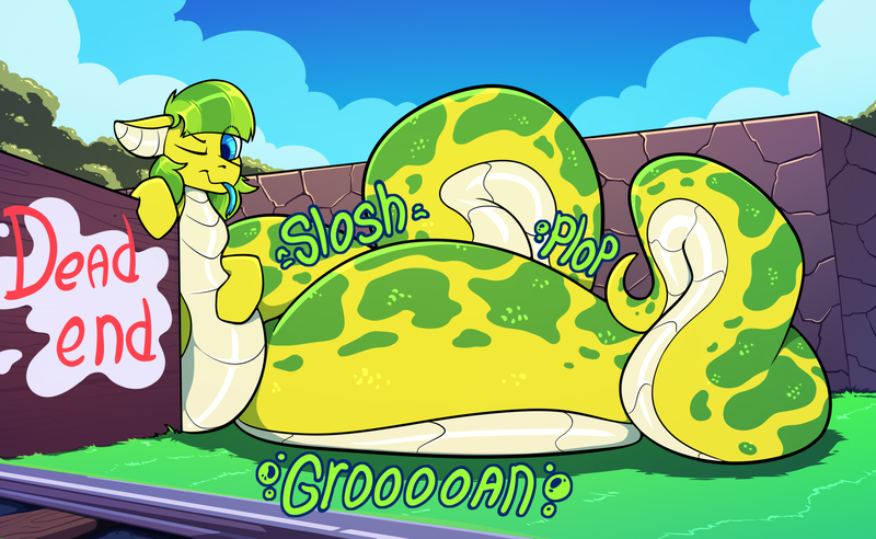 Size: 2600x1600 | Tagged: suggestive, artist:change, derpibooru import, oc, oc:lemon drop, unofficial characters only, hybrid, lamia, original species, pony, abdominal bulge, digestion, forked tongue, image, lamiafied, micro pred, object vore, one eye closed, onomatopoeia, png, post-vore, species swap, stomach noise, tongue out, train station, train tracks, vore, wink