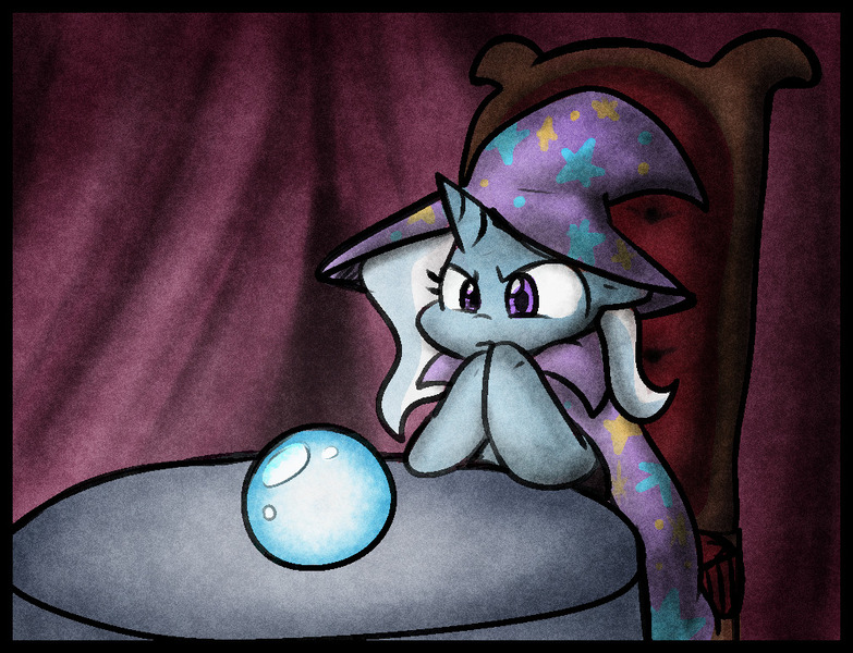 Size: 1008x772 | Tagged: safe, artist:zutcha, derpibooru import, trixie, pony, unicorn, crystal ball, female, image, jpeg, looking at something, mare, meme, pondering, pondering my orb, solo
