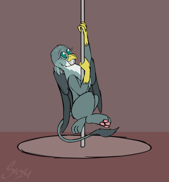 Size: 1000x1076 | Tagged: questionable, artist:somber, derpibooru import, gabby, gryphon, animated, female, gif, image, pole dancing, solo, stripper pole