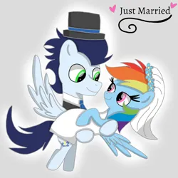 Size: 1400x1400 | Tagged: safe, artist:mrsdashskies, derpibooru import, rainbow dash, soarin', pegasus, pony, bridal carry, bride, carrying, clothes, dress, female, groom, husband and wife, image, just married, looking at each other, looking at someone, male, mare, marriage, married couple, png, shipping, smiling, smiling at each other, soarindash, stallion, straight, tuxedo