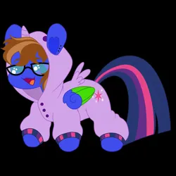 Size: 894x894 | Tagged: safe, artist:vvolfbreath, derpibooru import, twilight sparkle, twilight sparkle (alicorn), oc, oc:bluebook, alicorn, pegasus, pony, blue eyes, brown mane, chibi, colored wings, commission, ear piercing, earring, female, glasses, image, jewelry, jpeg, mare, onesie, open mouth, pegasus oc, piercing, two toned mane, wings, ych result