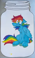 Size: 2295x3802 | Tagged: safe, artist:brynnstic, derpibooru import, rainbow dash, pegasus, pony, colored, coloring page, eye clipping through hair, eyebrows, eyebrows visible through hair, image, jar, jpeg, lewd container meme, marker drawing, paper, simple background, solo, traditional art, white background