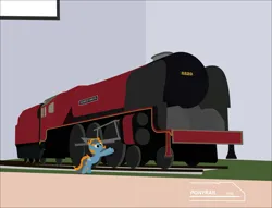 Size: 4096x3122 | Tagged: safe, artist:ponyrailartist, derpibooru import, oc, oc:skittle, unofficial characters only, pegasus, pony, image, locomotive, micro, png, scale model, solo, steam locomotive, tiny, tiny ponies, train