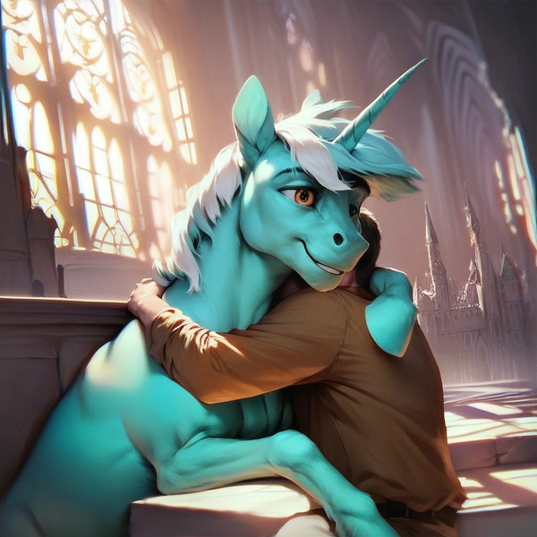 Size: 1024x1024 | Tagged: safe, ai content, derpibooru import, machine learning generated, stable diffusion, lyra heartstrings, human, pony, unicorn, cathedral, generator:purplesmart.ai, guyra, hoers, hug, hugging a pony, human on pony snuggling, image, indoors, jpeg, male, rule 63, smiling, snuggling, spire, window