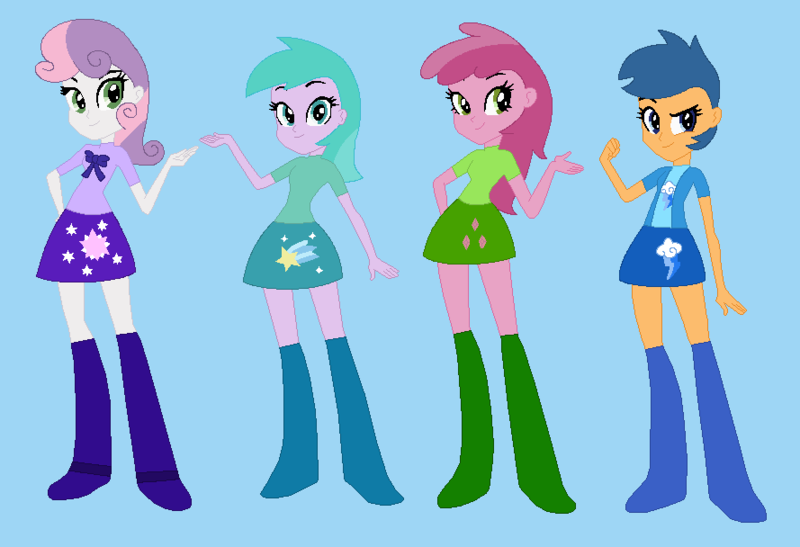 Size: 889x608 | Tagged: safe, artist:selenaede, artist:sillykids63, ponerpics import, first base, ruby pinch, sweetie belle, series:my little filly: friendship is magic, equestria girls, adorabase, aura (g4), aurabetes, base used, blue background, boots, bowtie, clothes, cute, cutie mark, cutie mark on clothes, cutie mark on skirt, diasweetes, equestria girls-ified, female, girly girl, image, jacket, mane four, pinchybetes, png, ribbon, shirt, shoes, simple background, smiling, tomboy