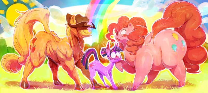 Size: 2142x960 | Tagged: safe, artist:sunibee, derpibooru import, applejack, pinkie pie, twilight sparkle, earth pony, pony, unicorn, alternate hairstyle, applejack's hat, applejacked, blushing, bucktooth, chest fluff, chubby, colored, cowboy hat, ear blush, female, flustered, g4, grass, hair over eyes, hat, horn, image, jpeg, lipstick, looking at each other, looking at someone, looking down, looking up, mare, muscles, muscular female, nerd, outdoors, physique difference, pinpoint eyes, rainbow, raised hoof, size difference, smiling, sun, sweat, sweatdrop, tail, thin, trio, trio female, unicorn twilight, unshorn fetlocks