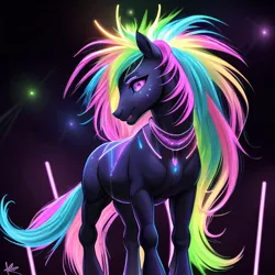 Size: 512x512 | Tagged: safe, ai content, artist:spyrokid6, derpibooru import, machine learning generated, pony, black background, glow, glowing mane, glowing tail, image, jpeg, multicolored hair, rave, simple background, solo, tail