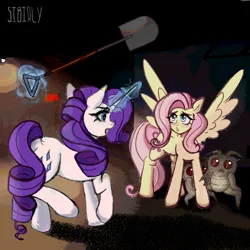 Size: 2000x2000 | Tagged: safe, artist:sibirly, derpibooru import, part of a set, fluttershy, rarity, insect, pegasus, pony, unicorn, crossover, duo, duo female, female, fluttershy being fluttershy, g4, giant insect, glow, glowing horn, high res, hoarding bug, horn, image, lethal company, levitation, magic, mare, open mouth, part of a series, png, protecting, shovel, signature, spread wings, telekinesis, threatening, wings