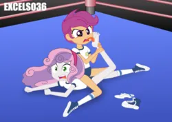 Size: 935x661 | Tagged: safe, alternate version, derpibooru import, scootaloo, sweetie belle, trixie, human, equestria girls, alternate character, barefoot, breasts, clothes, duo, duo female, feet, female, fetish, foot fetish, foot worship, g4, image, jpeg, licking, licking foot, reference, shoes, shorts, sneakers, socks, spongebob reference, spongebob squarepants, sports, sports shorts, the fry cook games, tongue out, wrestling